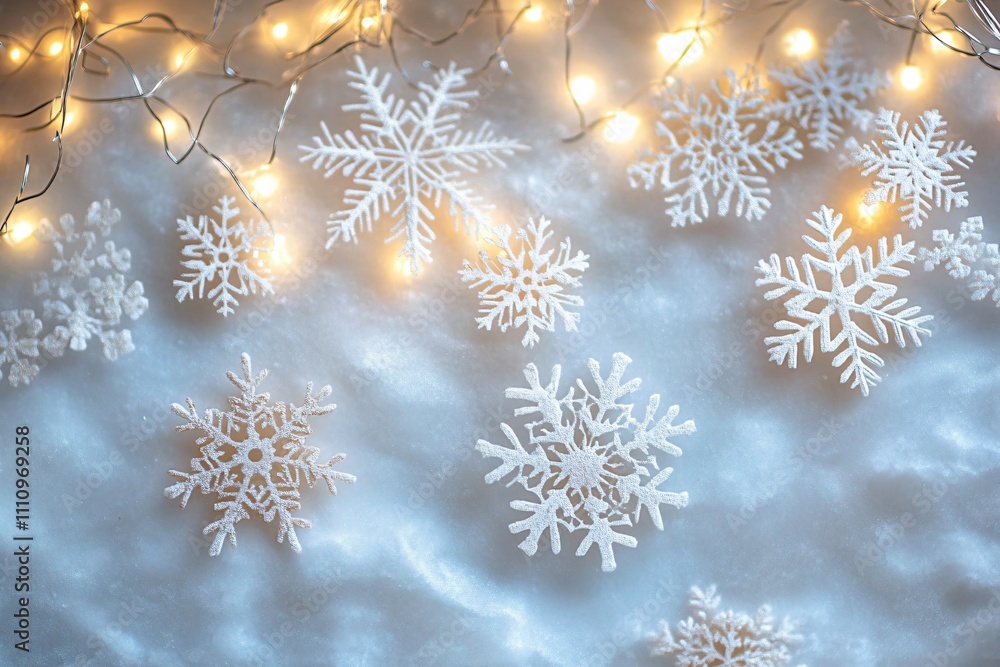 A white snowflake with a light shining on it. The snowflake is surrounded by a lighted background A white snowflake with a light shining on it. The snowflake is surrounded by a lighted background