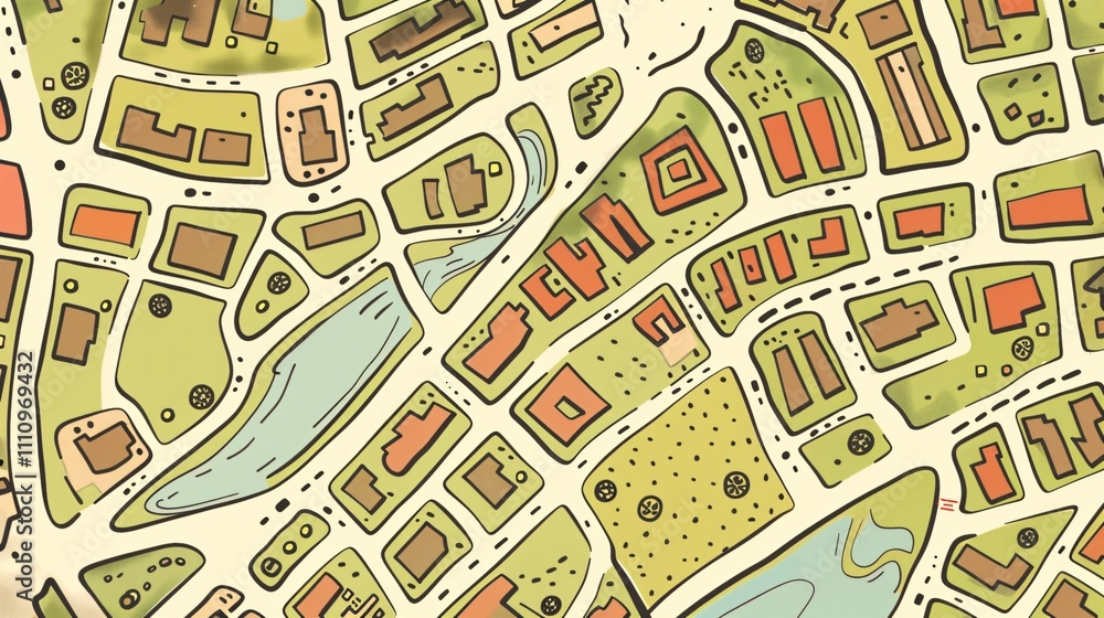 Obraz premium Overhead Aerial View of a Densely Packed Residential and Commercial Urban Neighborhood with Buildings Streets and Infrastructure Depicted in a Detailed Layout and Design
