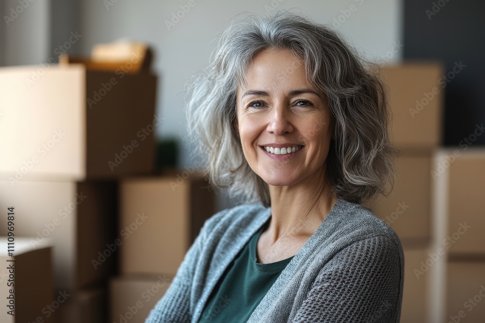 Smiling woman surrounded by moving boxes in a bright, modern space during the daytime