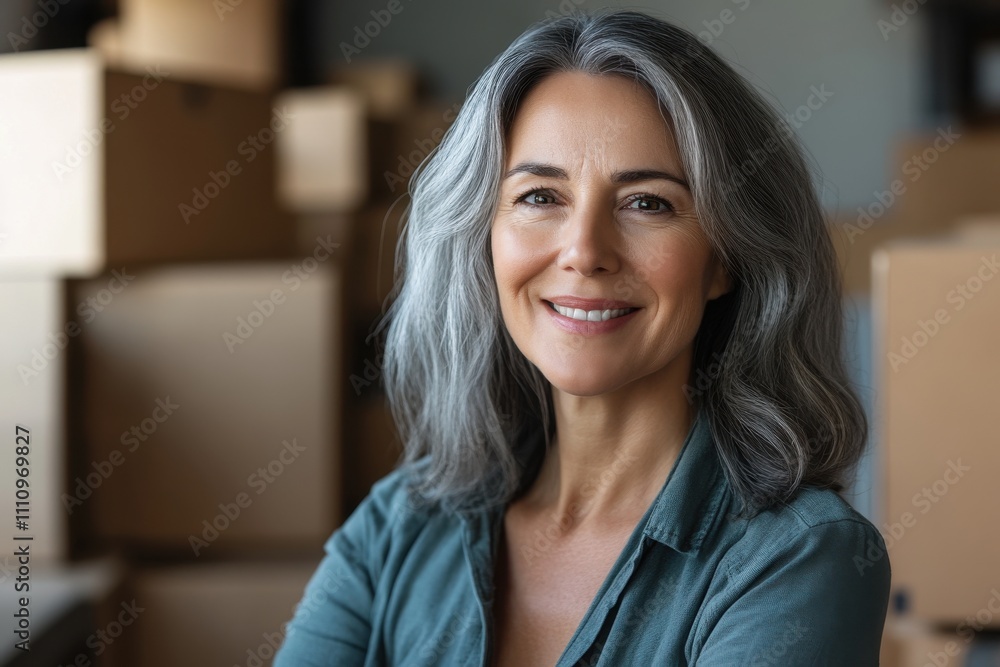 Woman smiling confidently in a storage area filled with cardboard boxes, showcasing a moment of accomplishment and readiness in organizing Woman smiling confidently in a storage area filled with cardboard boxes, showcasing a moment of accomplishment and readiness in organizing
