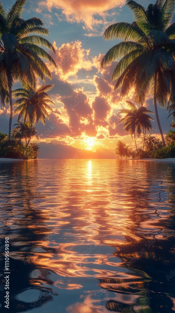 Tropical Island Paradise Sunset: A breathtaking view of a calm ocean, palm trees, and a beautiful golden sunset over the water. An exotic island getaway, perfect for relaxation and tranquility. Tropical Island Paradise Sunset: A breathtaking view of a calm ocean, palm trees, and a beautiful golden sunset over the water. An exotic island getaway, perfect for relaxation and tranquility.