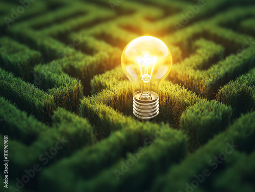 A glowing lightbulb sits at the center of a sprawling, green maze, symbolizing an idea or solution within a complex proble photo