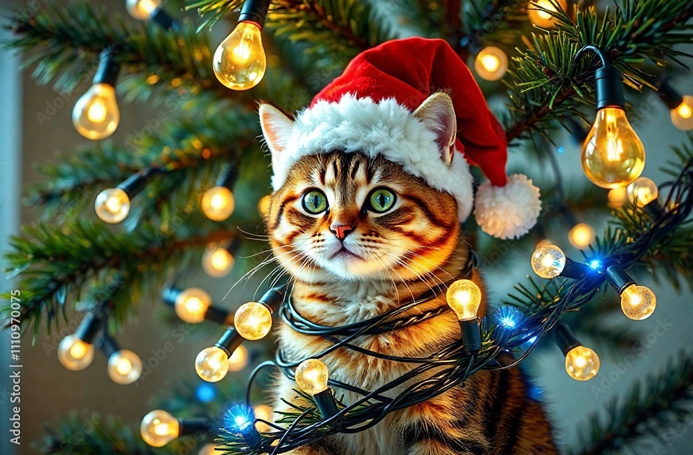 Obraz premium Cute cat wearing red Santa Claus hat. Red kitten is entangled in a garland with light bulbs sitting on Christmas tree. Happy New Year celebration postcard, invitation to party. Advertising banner.