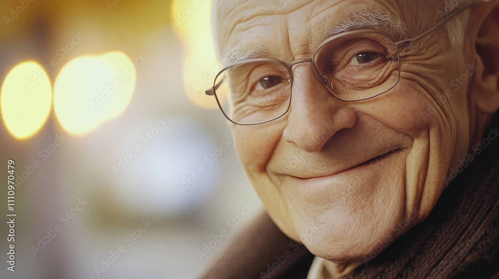 Smiling elderly man with glasses enjoys a cheerful moment outdoors during a sunny day in a cozy urban setting Smiling elderly man with glasses enjoys a cheerful moment outdoors during a sunny day in a cozy urban setting