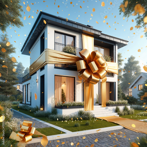 Luxurious Modern House Gift Wrapped in Gold Ribbon with Festive Confetti Against Suburban Landscape