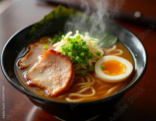 A steaming bowl of authentic Japanese ramen featuring tender pork, fresh spring onions, and rich broth