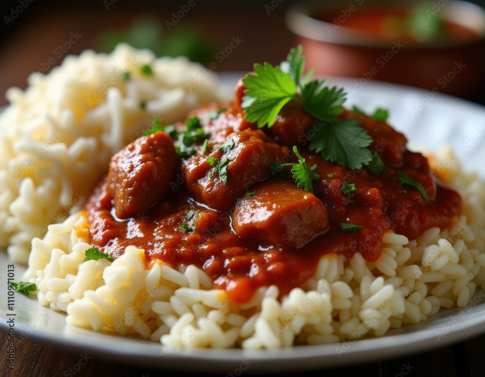 A tasty Beef Vindaloo served alongside fluffy white rice, garnished with fresh herbs. This mouthwatering dish captures the essence of traditional Indian A tasty Beef Vindaloo served alongside fluffy white rice, garnished with fresh herbs. This mouthwatering dish captures the essence of traditional Indian