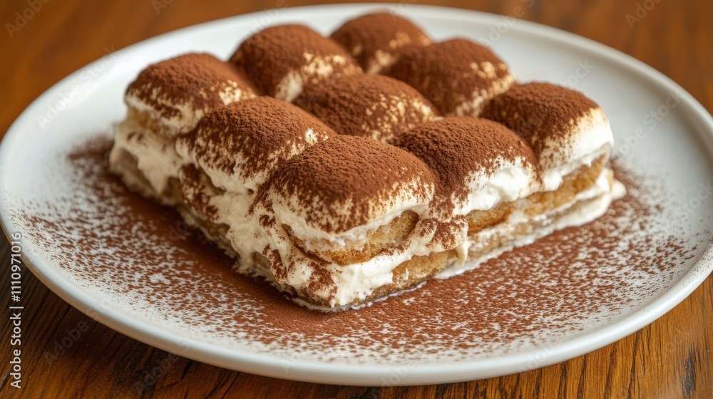 Photo of, A decadent plate of tiramisu with layers of espresso-soaked ladyfingers and mascarpone cheese, Tiramisu plate centered Photo of, A decadent plate of tiramisu with layers of espresso-soaked ladyfingers and mascarpone cheese, Tiramisu plate centered