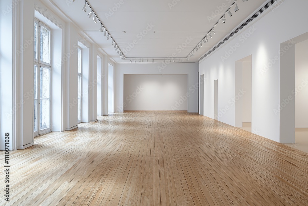 spacious and bright art gallery with wooden flooring and white walls, perfect for exhibitions and events. natural light enhances minimalist design and open atmosphere spacious and bright art gallery with wooden flooring and white walls, perfect for exhibitions and events. natural light enhances minimalist design and open atmosphere