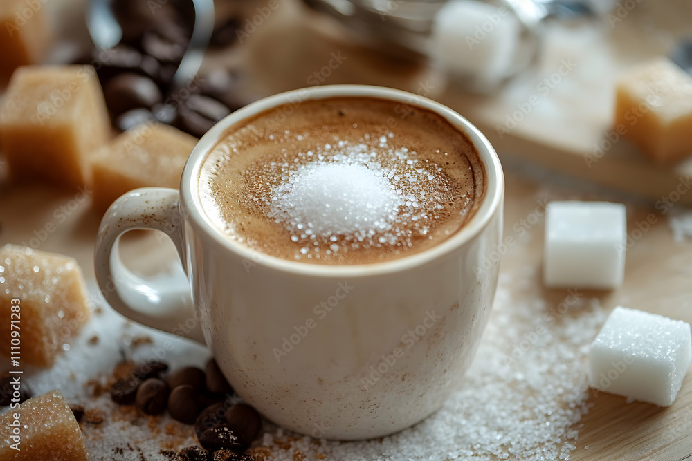 Rich coffee fills a cozy cup with a sprinkle of sugar alongside warm, golden sugar cubes Rich coffee fills a cozy cup with a sprinkle of sugar alongside warm, golden sugar cubes