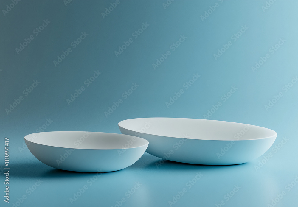 Elegant white ceramic bowls on a soft blue background showcasing modern design elements and minimalistic style Elegant white ceramic bowls on a soft blue background showcasing modern design elements and minimalistic style
