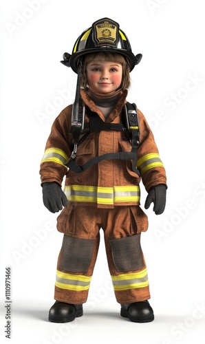 Child in firefighter costume, 3D illustration, isolated on white background 