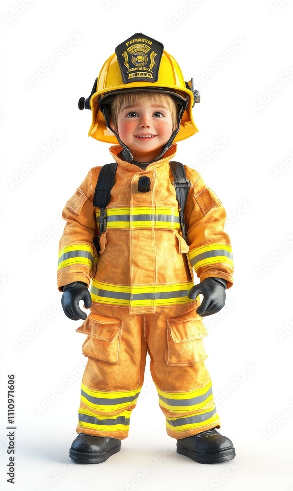 Child in firefighter costume, 3D illustration, isolated on white background Child in firefighter costume, 3D illustration, isolated on white background