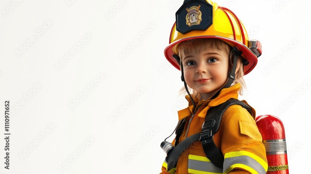 Child in firefighter costume, 3D illustration, isolated on white background Child in firefighter costume, 3D illustration, isolated on white background