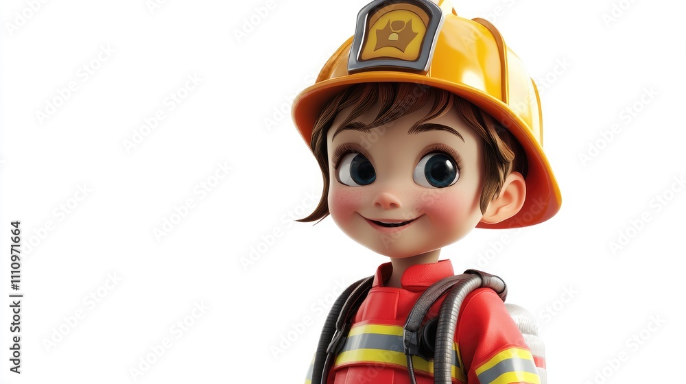 Child in firefighter costume, 3D illustration, isolated on white background Child in firefighter costume, 3D illustration, isolated on white background