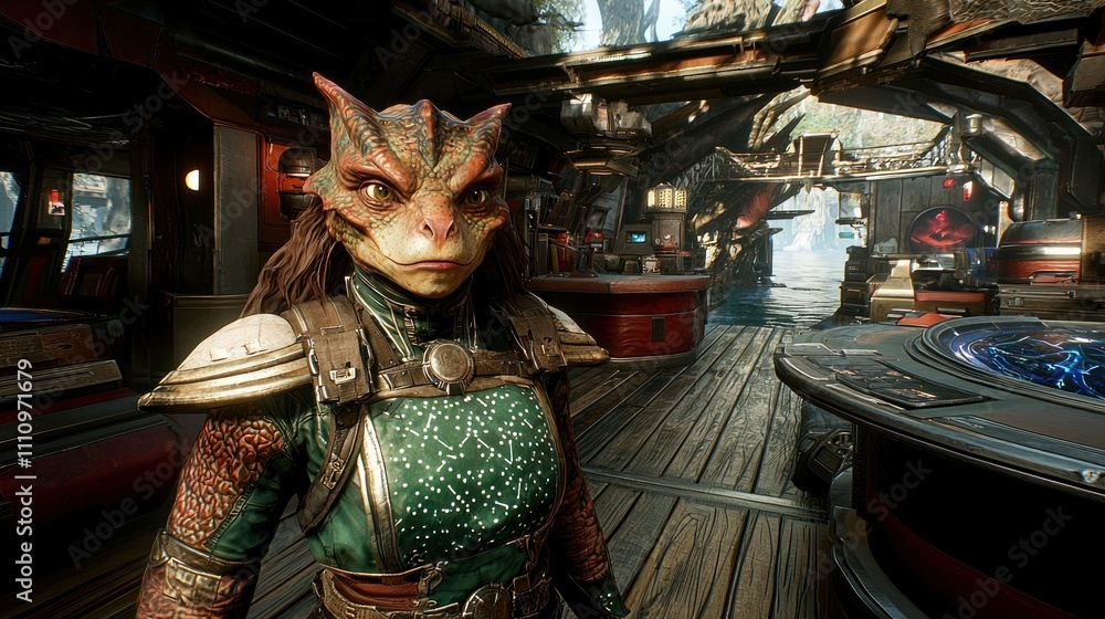 Fototapeta premium Star Wars Jedi Survivor: A Lizard Character in a Lush, Jungle-Themed Cantina