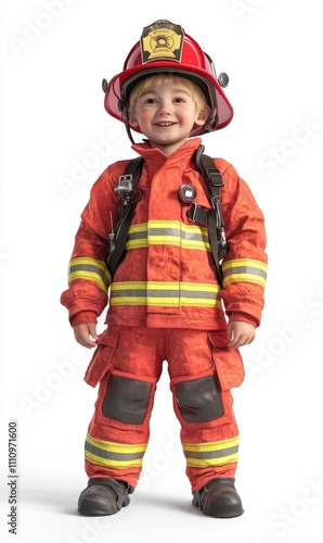 Child in firefighter costume, 3D illustration, isolated on white background 