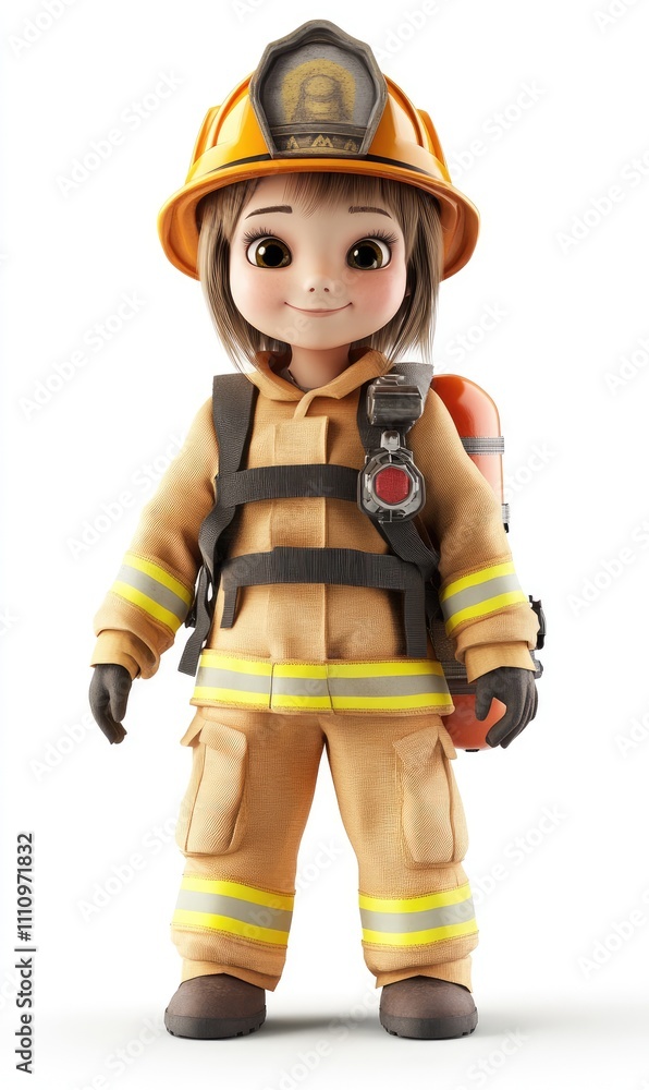 Child in firefighter costume, 3D illustration, isolated on white background Child in firefighter costume, 3D illustration, isolated on white background