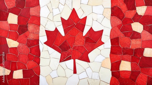 Canada flag red and white pride concept. A vibrant mosaic of the Canadian flag featuring a red maple leaf, set against a background of red and white tiles, symbolizing Canadian identity and pride.