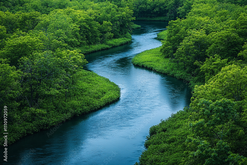 Fototapeta premium Lush Green Forest River Winding Through Canopy