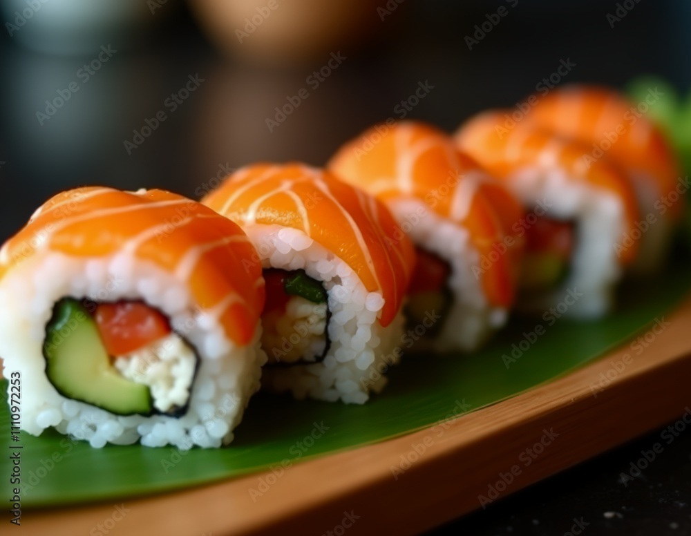Close-up of fresh salmon sushi rolls beautifully displayed on a green leaf, highlighting vibrant colors and appetizing presentation Close-up of fresh salmon sushi rolls beautifully displayed on a green leaf, highlighting vibrant colors and appetizing presentation