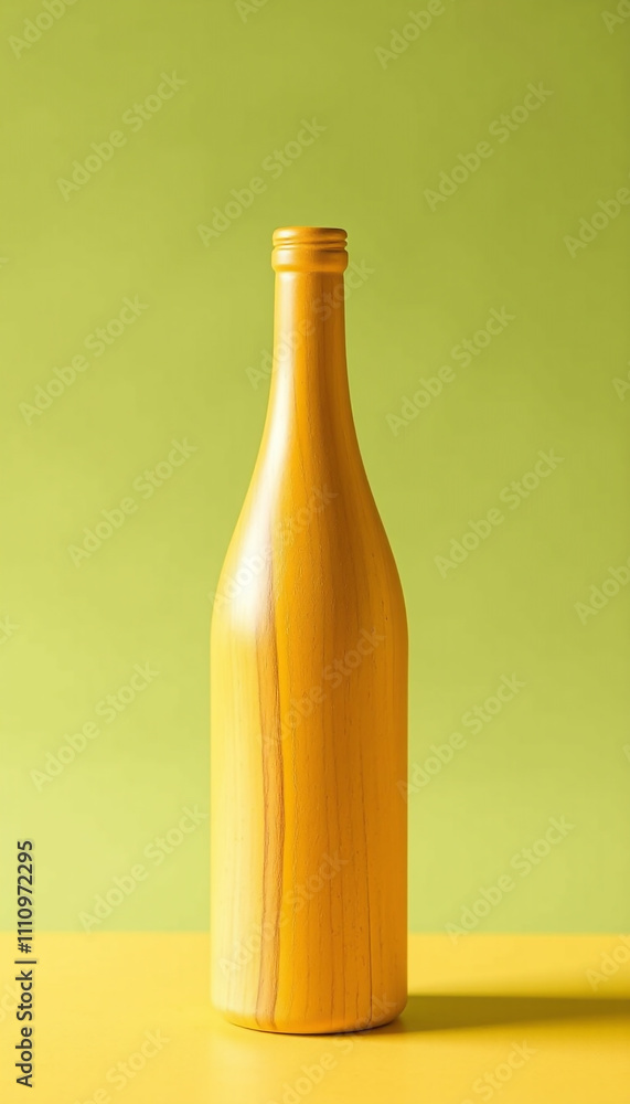 Yellow wooden minimalist bottle against a soft green background,  product display