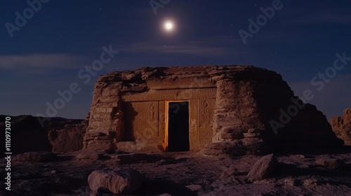 Ancient Stone Structure with a Doorway under a Night Sky photo