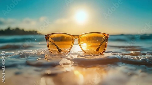 Wallpaper Mural Sunglasses resting in ocean waves during sunset, capturing a vibrant summer mood. Torontodigital.ca
