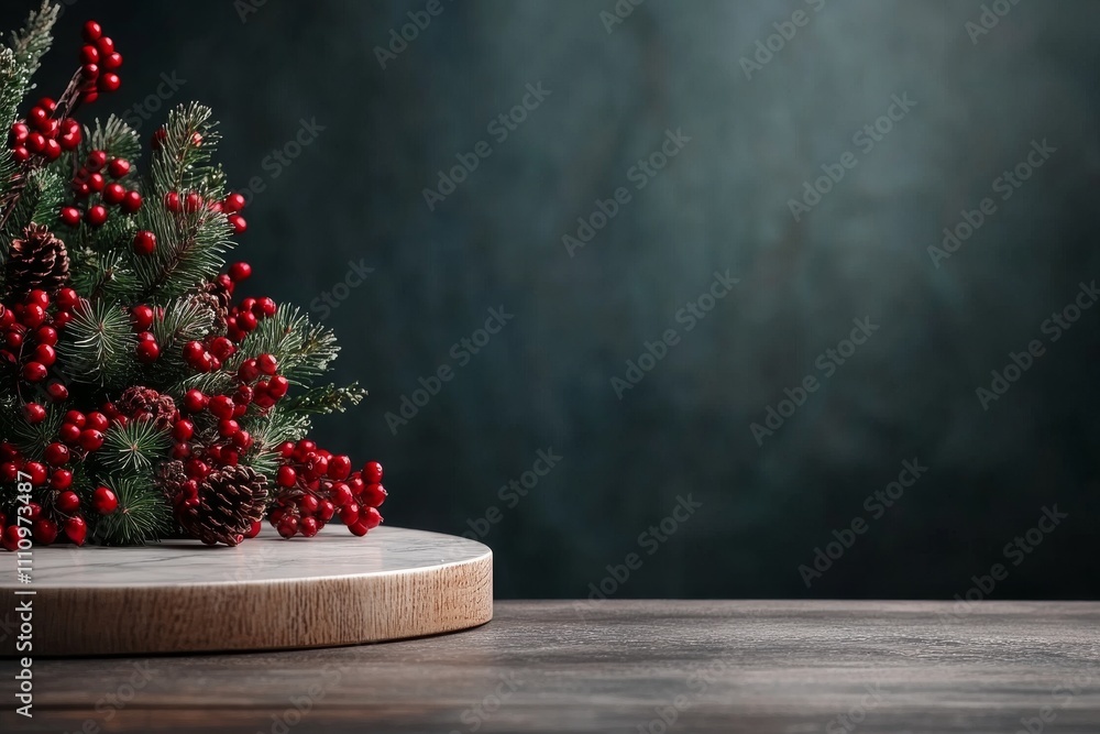 A minimalistic design featuring a simple arrangement of red berries, pine branches, and pinecones placed artfully on a wooden surface against a dark backdrop. A minimalistic design featuring a simple arrangement of red berries, pine branches, and pinecones placed artfully on a wooden surface against a dark backdrop.