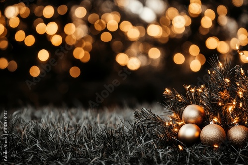 A warm holiday scene featuring golden bokeh lights and a festive arrangement of pine branches and gold baubles, evoking a sense of cozy celebration and elegance. photo