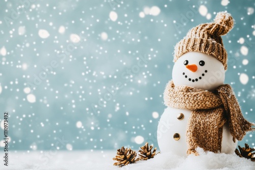 A cheerful snowman stands in a snowy setting wearing a knitted hat and scarf. The snowfall creates a whimsical atmosphere, evoking joy and warmth during winter. photo