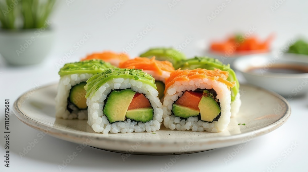 Vegetable sushi rolls with cucumber, carrot, and avocado. Healthy and colorful plant-based snack or appetizer Vegetable sushi rolls with cucumber, carrot, and avocado. Healthy and colorful plant-based snack or appetizer