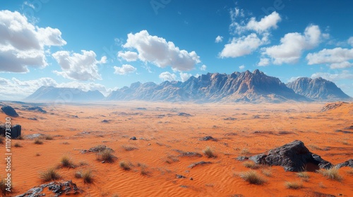 Breathtaking Desert Panorama: Majestic Mountain Range Meets Vast Sandy Expanse