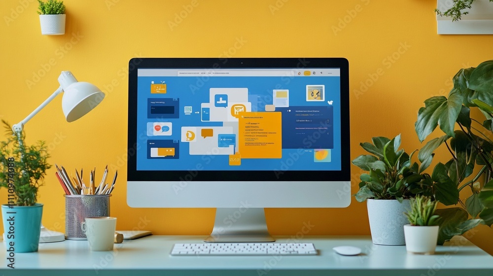 A desktop setup with a computer screen displaying a social media campaign, with vibrant content, hashtags, and scheduled posts for maximum reach A desktop setup with a computer screen displaying a social media campaign, with vibrant content, hashtags, and scheduled posts for maximum reach