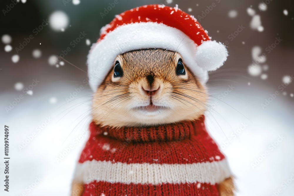 Winter celebration with a rabbit wearing a Christmas hat and sweater in a snow-covered landscape Winter celebration with a rabbit wearing a Christmas hat and sweater in a snow-covered landscape