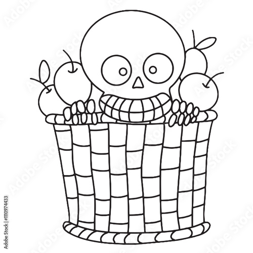 Vector Halloween coloring book. Skeleton hiding in basket with apples.