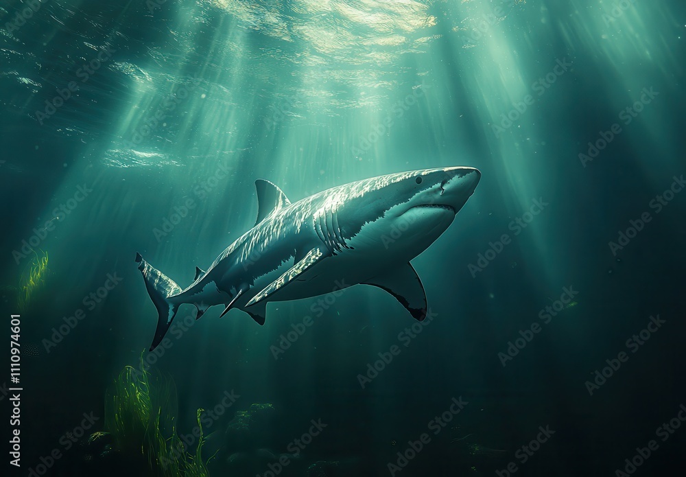 Fototapeta premium A Majestic Great White Shark Swimming Gracefully Through Sunlit Ocean Waters Surrounded by Soft Rays and Underwater Vegetation