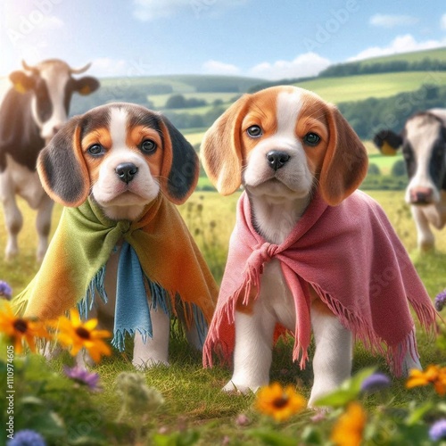 Playful Puppies in Capes on a Sunny Pasture