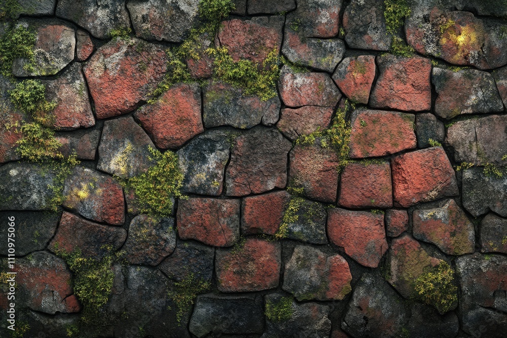 Obraz premium Cracked brick design: aged facade, weathered wall texture, rustic surface marks, worn masonry aesthetics, aged structural charm, uneven brickwork details, distressed finish, vintage ambiance