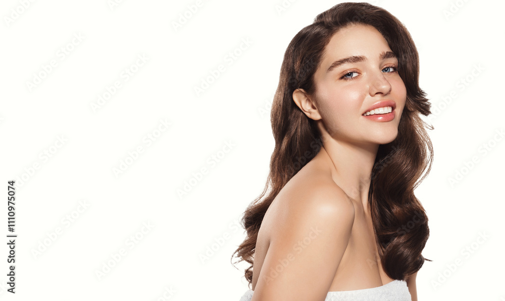 Portrait of Beauty Model with Flawless Natural Skin and White Smile, Has Silky Hair, Looking Playful at Camera, Concept of Haircare and Self-care Routine, Dermatology Treatment Portrait of Beauty Model with Flawless Natural Skin and White Smile, Has Silky Hair, Looking Playful at Camera, Concept of Haircare and Self-care Routine, Dermatology Treatment