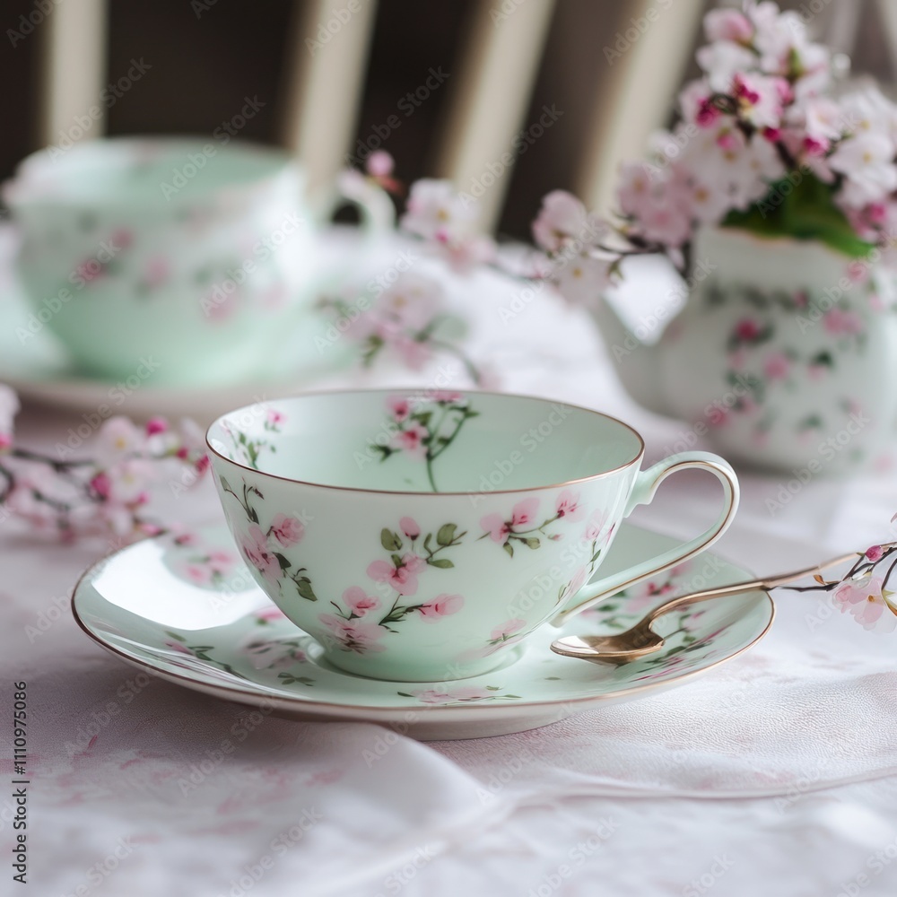 Pastel green teacup and saucer with delicate pink floral pattern, accompanied by teapot and blossoms. Pastel green teacup and saucer with delicate pink floral pattern, accompanied by teapot and blossoms.