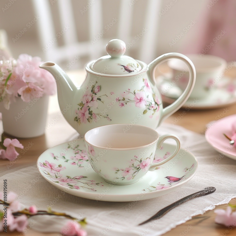 Fototapeta premium Pastel green teapot and teacup set with floral design on wooden table.