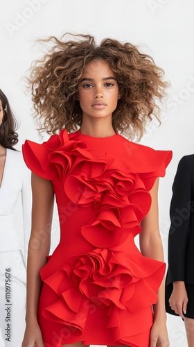 A confident Afro-Latina woman in a vibrant red dress with ruffled details, showcasing a bold fashion statement. photo