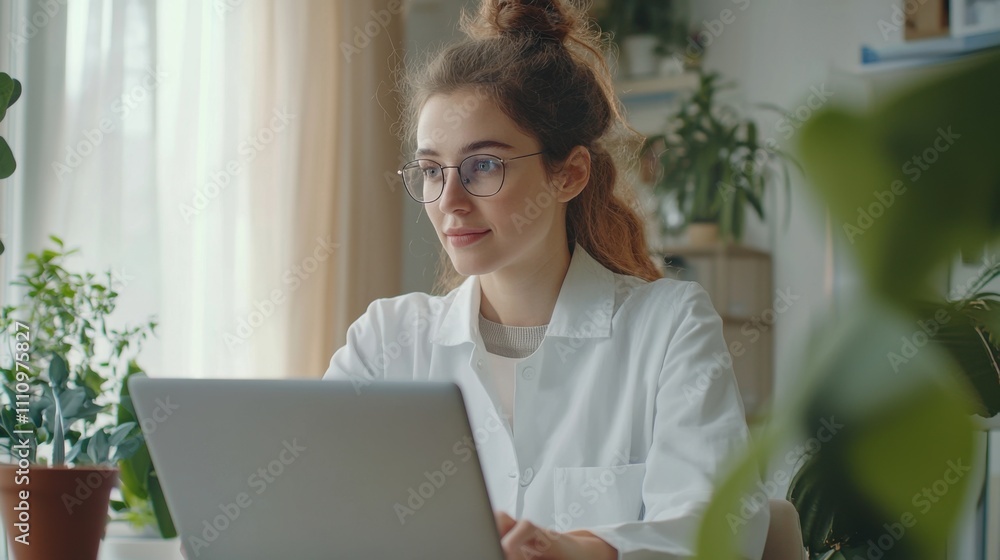 Young female nutritionist talking with patient through laptop computer video call at clinical consultation room. Healthy lifestyle, nutrition and diet concept. Young female nutritionist talking with patient through laptop computer video call at clinical consultation room. Healthy lifestyle, nutrition and diet concept.