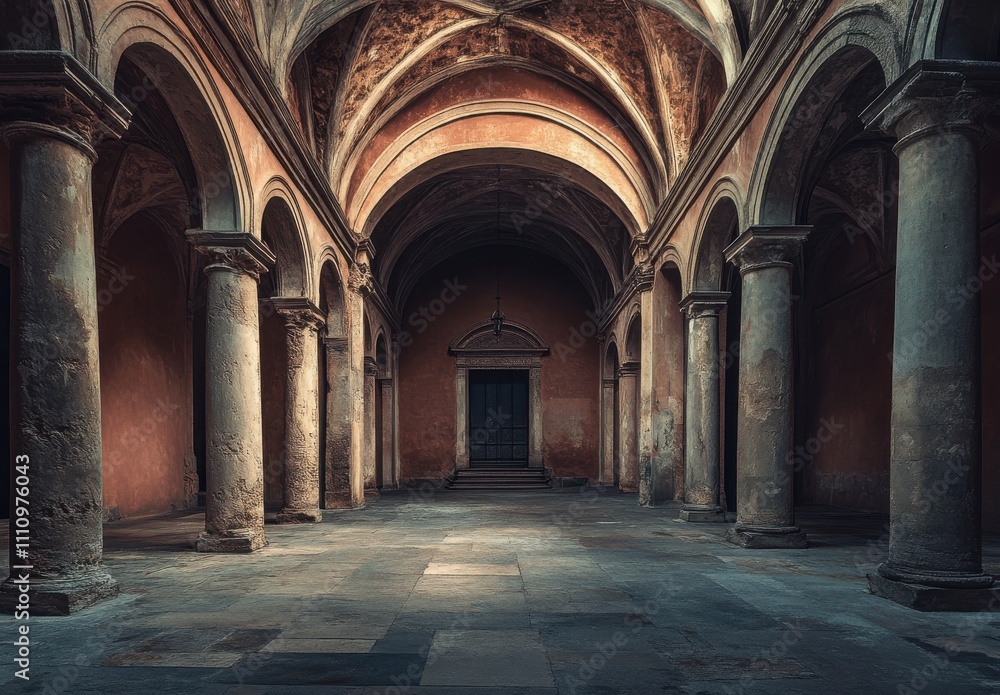 Abandoned Historical Hall with Majestic Arches and Columns, Illuminated by Soft Natural Light, Evoking a Sense of Timelessness and Mystery in an Ancient Setting Abandoned Historical Hall with Majestic Arches and Columns, Illuminated by Soft Natural Light, Evoking a Sense of Timelessness and Mystery in an Ancient Setting