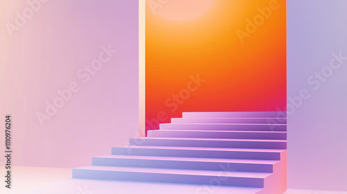 Staircase leading to a vibrant orange wall in a modern minimalist space