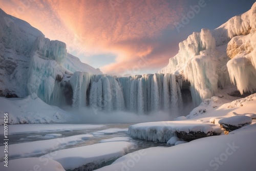 Frozen waterfall at sunrise with dramatic ice formations
 photo