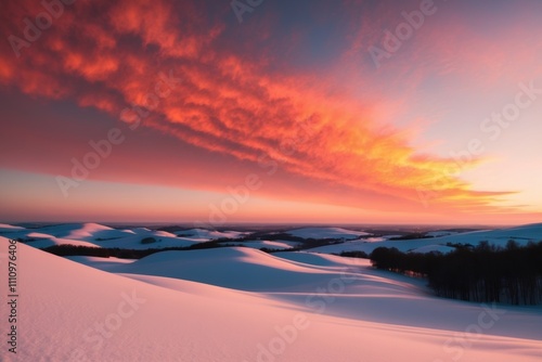 Serene winter landscape with snow-covered fields at sunset 