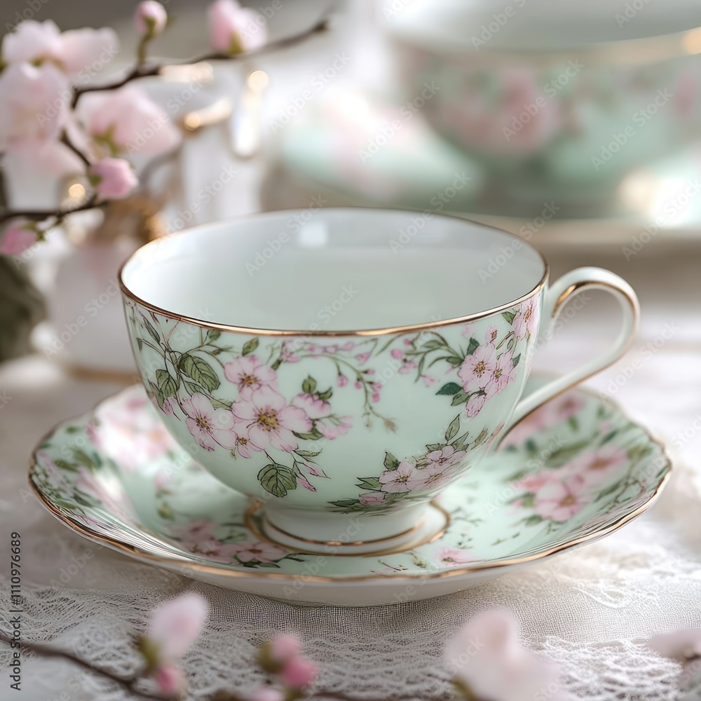 Elegant floral teacup and saucer set. Elegant floral teacup and saucer set.