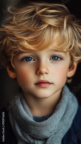 Young boy with curly blonde hair and bright blue eyes gazes softly while wearing a cozy gray scarf in a warm, inviting setting during late afternoon light